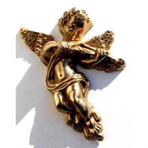 Vtg BRASS 1970s Angel W/ Wings Playing Violin Christmas Decoration Wall Decor